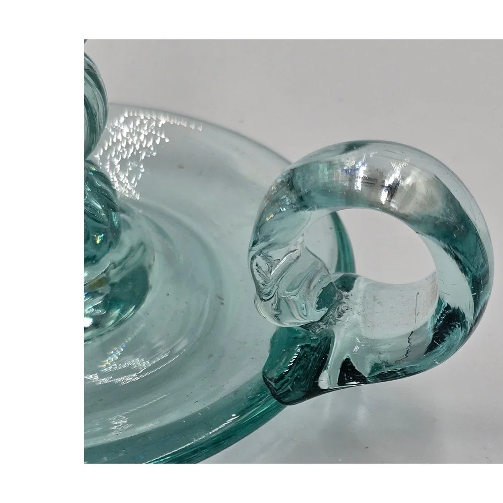 Vintage Rare Vetreria Etrusca Green Glass Chamberstick Taper Holder Blue Rim